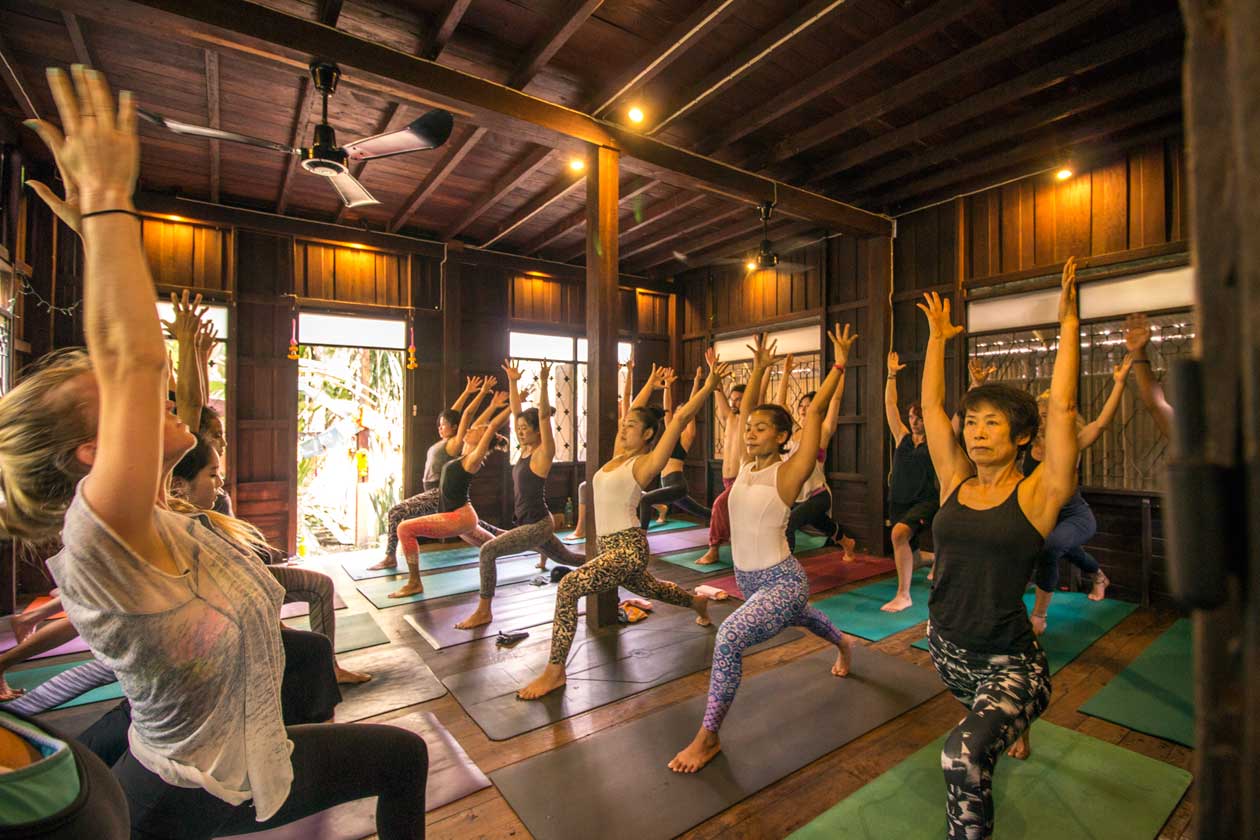 Chiang Mai yoga class with students in asana during a Wild Rose Yoga Studio ashtanga fusion vinyasa flow class.