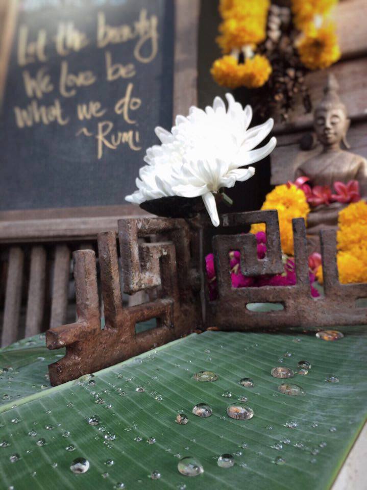 Offerings upon entering Wild Rose Yoga Studio located in the Old City walls of Chiang Mai Thailand
